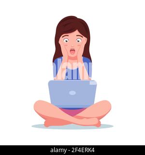 Scared girl sits at laptop. Vector illustration young beautiful frightened girl sitting on the floor watching a video on her laptop, isolated on a whi Stock Vector