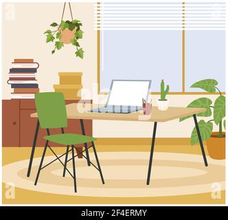 Living room home interior, hygge workspace with table, chair, laptop for freelance work Stock Vector