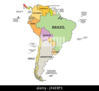 South America Political Map. Vector Illustration. Map with Name of Countries Isolated on White. Stock Vector