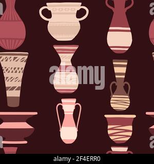 Seamless pattern set of decorative clay jugs modern jug design vector illustration on dark background. Stock Vector