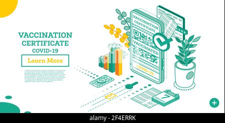 Vaccination Certificate on Screen of Smartphone. Isometric International Certificate of Immunization. Vector Illustration. Health Passport with QR-cod Stock Vector