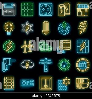 Energy equipment icon set. Outline set of energy equipment vector icons neon color on black Stock Vector