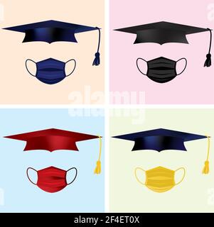 Illustrations of graduation caps and masks of different colors combined on flat backgrounds. Graduation, prevention and social distancing concept Stock Vector