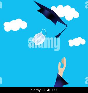 Illustration of student hand throwing his cap and mask in the air on a sky background with clouds. Graduation concept with social distancing in pandem Stock Vector