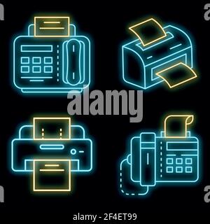 Fax icon set. Outline set of fax vector icons neon color on black Stock Vector