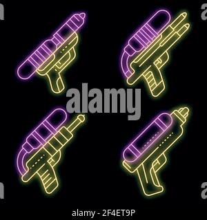 Squirt gun icons set. Outline set of squirt gun vector icons neon color on black Stock Vector