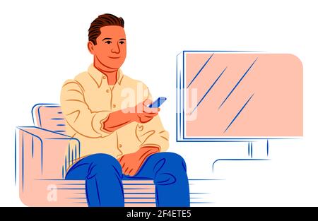 Vector man watching tv in shadow of sharp lines style Stock Vector