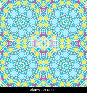 Modern Tangled Lattice Pattern inspired by traditional arabic geometry. Seamless vector background pattern. Bright bold neon 1980s colors - pink, yell Stock Vector