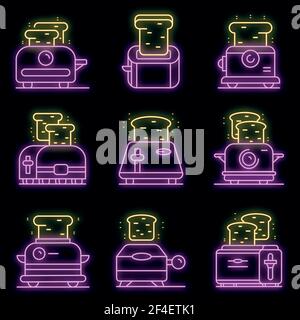 Toaster icons set. Outline set of toaster vector icons neon color on black Stock Vector