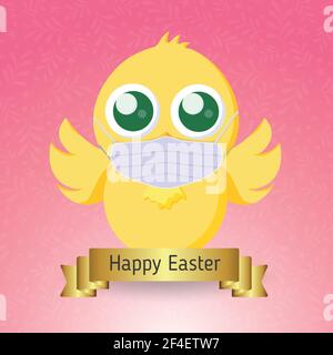 Yellow Easter Chick in Medical Mask - Vector illustration Stock Vector