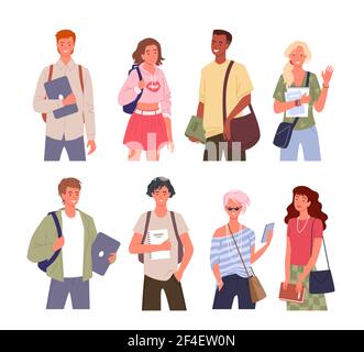 Student young multinational people diversity vector illustration set. Cartoon young man woman diverse characters standing in row and waving, holding Stock Vector