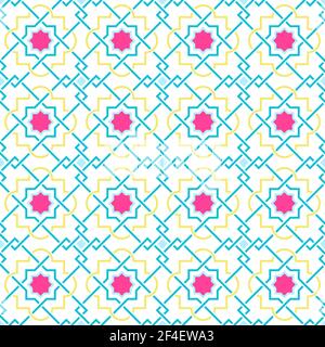 Modern Tangled Lattice Pattern inspired by traditional arabic geometry. Seamless vector background pattern. Bright bold neon 1980s colors - pink, yell Stock Vector
