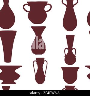 Seamless pattern brown silhouette set of decorative clay jugs modern jug design vector illustration on white background. Stock Vector