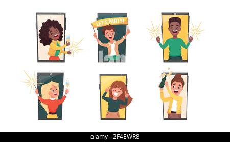 Virtual online party concept. Phones set with diverse people men and women at their home Stock Vector