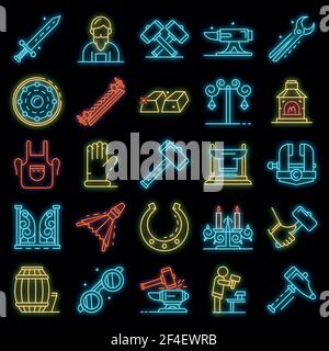 Anvil icon set. Outline set of anvil vector icons neon color on black Stock Vector