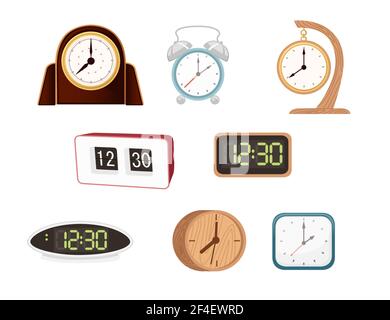 Set of table alarm clocks modern and classic style mechanical and electrical dials vector illustration isolated on white background. Stock Vector