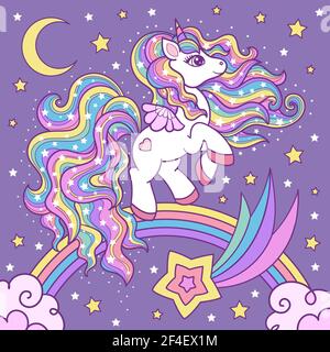Cute, cartoon white unicorn on a rainbow among the stars. Fantasy animal. Vector Stock Vector