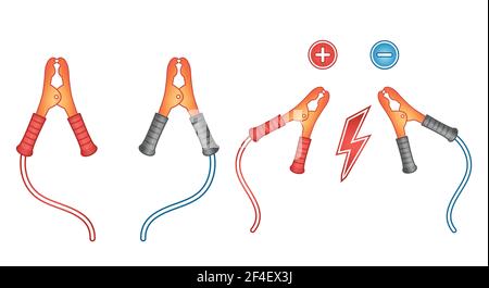Car battery jumper clamp cable icon. Power wires with connect clip to electric accumulator charging and jump start auto engine. Repairing tool. Vector Stock Vector