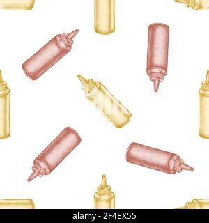 Seamless pattern with hand drawn pastel sauce bottles Stock Vector