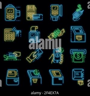 Bank terminal icons set. Outline set of bank terminal vector icons neon color on black Stock Vector