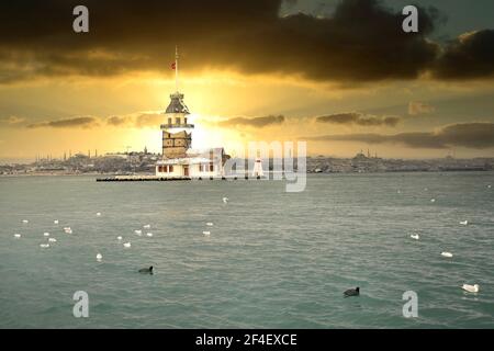 Maiden's Tower of Istanbul at sunset. Stock Photo