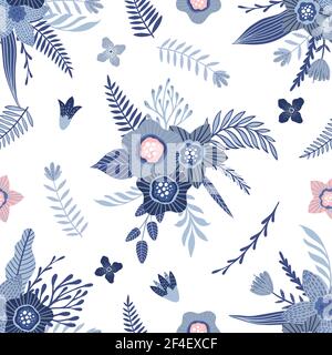 Seamless pattern with blue flowers and leaves. Creative floral texture. Great for fabric, textile Vector Illustration Stock Vector