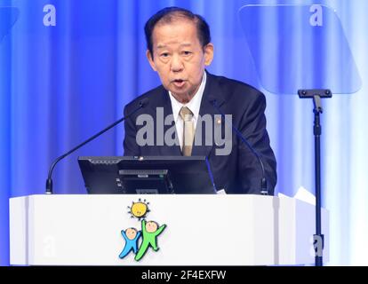 Tokyo, Tokyo, Japan. 21st Mar, 2021. Japanese ruling Liberal Democratic Party (LDP) secretary general Toshihiro Nikai delivers a speech at the annual party convention amid outbreak of the new coronavirus in Tokyo on March 21, 2021. Credit: POOL/ZUMA Wire/Alamy Live News Stock Photo