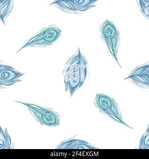 Seamless pattern with hand drawn pastel peacock feathers Stock Vector