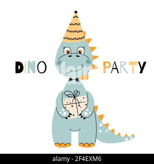 Dino party. Dinosaur in birthday hat holds gift.  Stock Vector