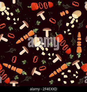 Seamless pattern sliced vegetables with mushroom potato and carrot colored food icons for cooking vector illustration on dark background. Stock Vector