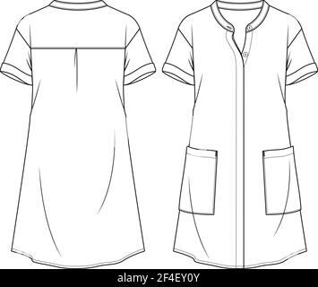 Women Shirt Dress with mandarin collar flat fashion sketch template. Technical Fashion Illustration. Hidden placket Blouse. Large pockets Stock Vector