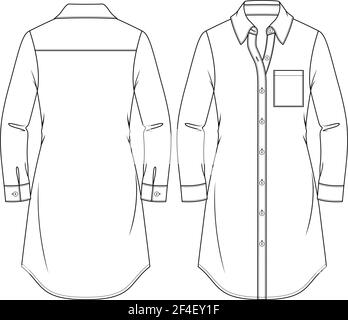 Women Long Blouse flat fashion sketch template. Technical Fashion Illustration. Girls Shirt Dress. Buttoned Front. Chest pocket Stock Vector