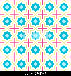 Modern Tangled Lattice Pattern inspired by traditional arabic geometry. Seamless vector background pattern. Bright bold neon 1980s colors - pink, yell Stock Vector