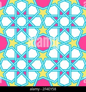 Modern Tangled Lattice Pattern inspired by traditional arabic geometry. Seamless vector background pattern. Bright bold neon 1980s colors - pink, yell Stock Vector