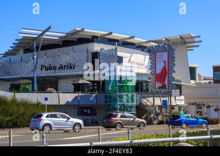 The Puke Ariki building in New Plymouth, New Zealand, which contains a museum, a library, and the town's visitor information center Stock Photo