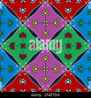 Simple geometric vector seamless pattern with flowers. Abstract floral wallpaper, bright tile ornament. Stock Vector