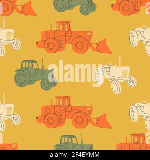 Vector seamless pattern of agricultural tractor or harvester. Simple, flat, retro style. Typical equipment for agro-industrial complexes. For Stock Vector
