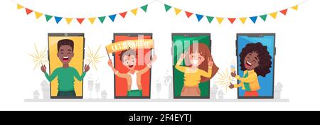Set of diverse people men and women at their home celebrating new year, Christmas, birthday on video chat Stock Vector