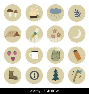 Set of doodle hand drawn circle icons with camping and hiking equipment and forest nature elements, trees and berries. Stock Vector