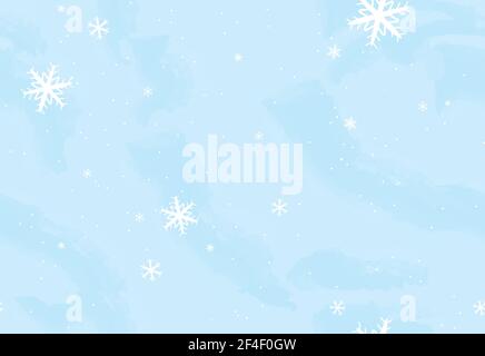 Tiling Snowflake pattern. Seamless vector texture. Randomly places snowflakes on soft blue watercolor texture background. Ideal for Christmas. Stock Vector