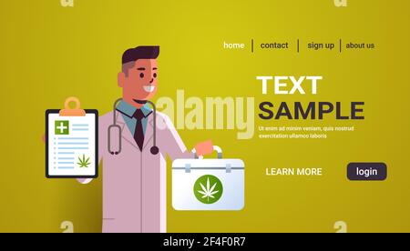 male scientist researcher checklist and first aid kit healthcare pharmacy from medical cannabis pharmaceutical industry concept horizontal portrait Stock Vector