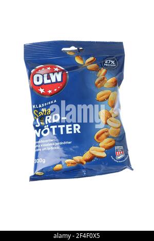 Stockholm, Sweden - March 7, 2021: One package of the OLW brand salted peanuts 300 g roasted American peanuts isolated on white background for the Swe Stock Photo