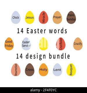 14 Easter words on eggs set. Colorful eggs. Group of popular words Happy Easter. Christ's day lettering. Festive templates collection. Jesus Stock Vector