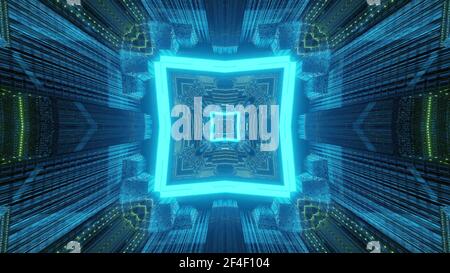 A 3D rendering of a cool square kaleidoscopic futuristic tunnel in blue vibrant colors Stock Photo