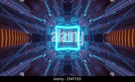 A 3D rendering of a cool square kaleidoscopic futuristic tunnel in blue vibrant colors Stock Photo