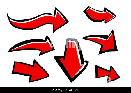 Set of 7 Style Doodle Hand Draw Red Big Mark of Arrows, Isolated on White Stock Vector