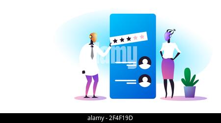 two robotic characters leaving review three stars rating on smartphone screen feedback artificial intelligence technology concept horizontal full Stock Vector