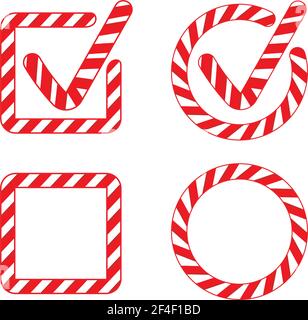 Candy cane checkmark or tick collection. Box and circle checkmark icon set ideal for a Christmas to-list, Xmas checklist or kids party flyer. Geometri Stock Vector