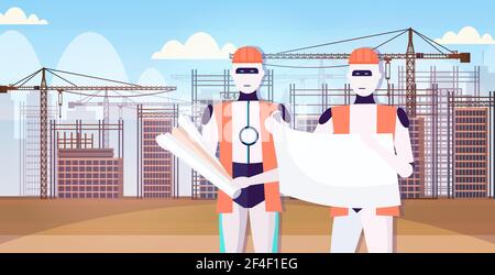 two robots architects in uniform holding blueprints artificial intelligence technology architect concept construction site background horizontal Stock Vector