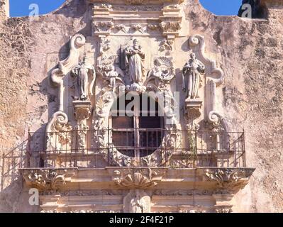 DETALLE DE LA PORTADA BARROCA-MISION FRANCISCANA FUNDADA EN 1720. Location: MISION SAN JOSE Y SAN MIGUEL DE AGUAYO. SAN ANTONIO-TEXAS. Stock Photo